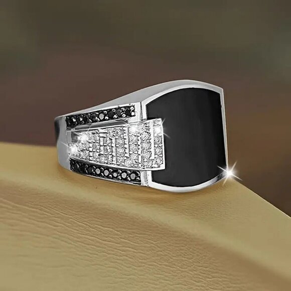 Black Agate Tungsten Steel Silver plated Mens CZ Diamond Ring - Picture 1 of 2
